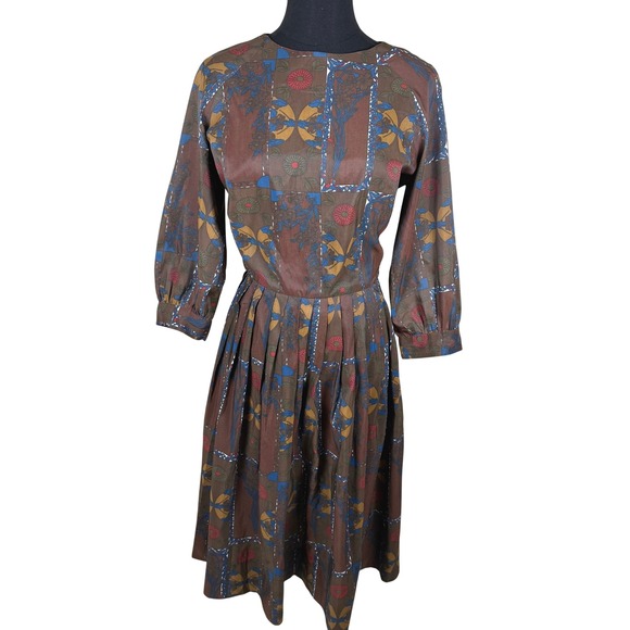 Dresses & Skirts - VTG 1960s Handmade Geometric Print Fit & Flare Dress Brown Size 4 EUC